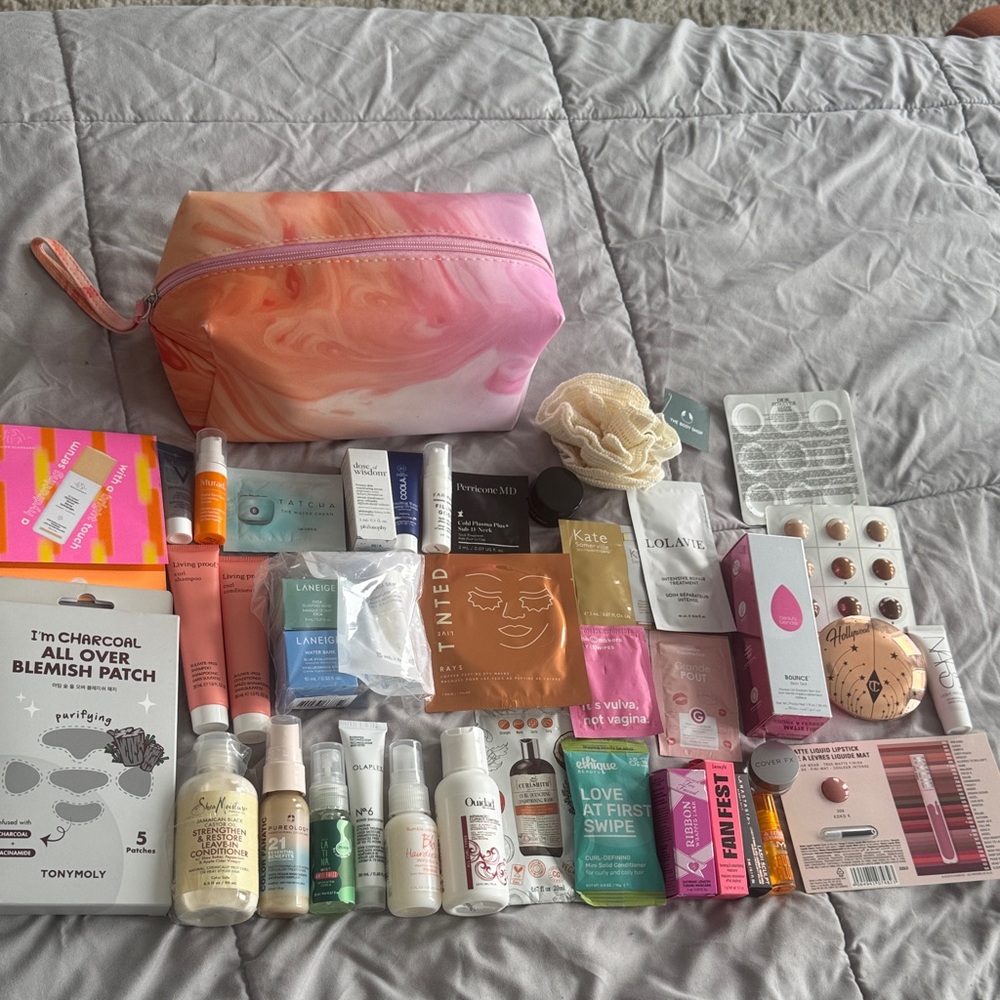 Cosmetic Pouch with variety of skincare, hair care and makeup